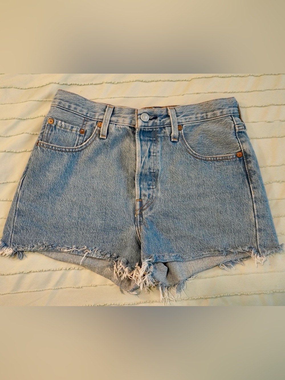 Levi's 501 Premium Light Blue Frayed Hem Denim Shorts